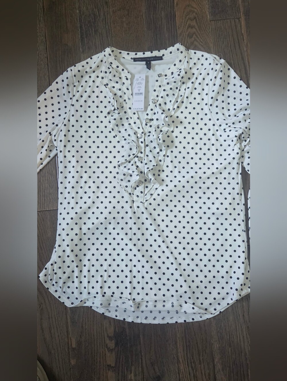 White House Black Market Dotted Ruffle Top Size M, NWT, Ecru/black - Picture 3 of 10